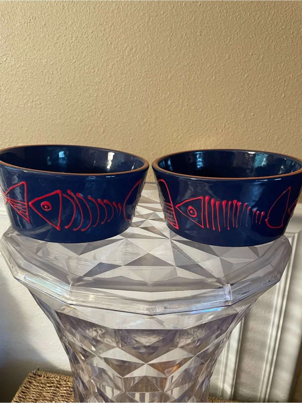Crate & Barrel Shore Dark Navy Red Fish Bowls lot of 2